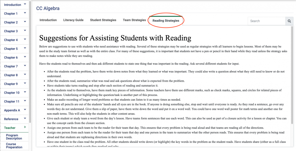 Literacy page in the eBook and the Reading Strategies tab is circled.